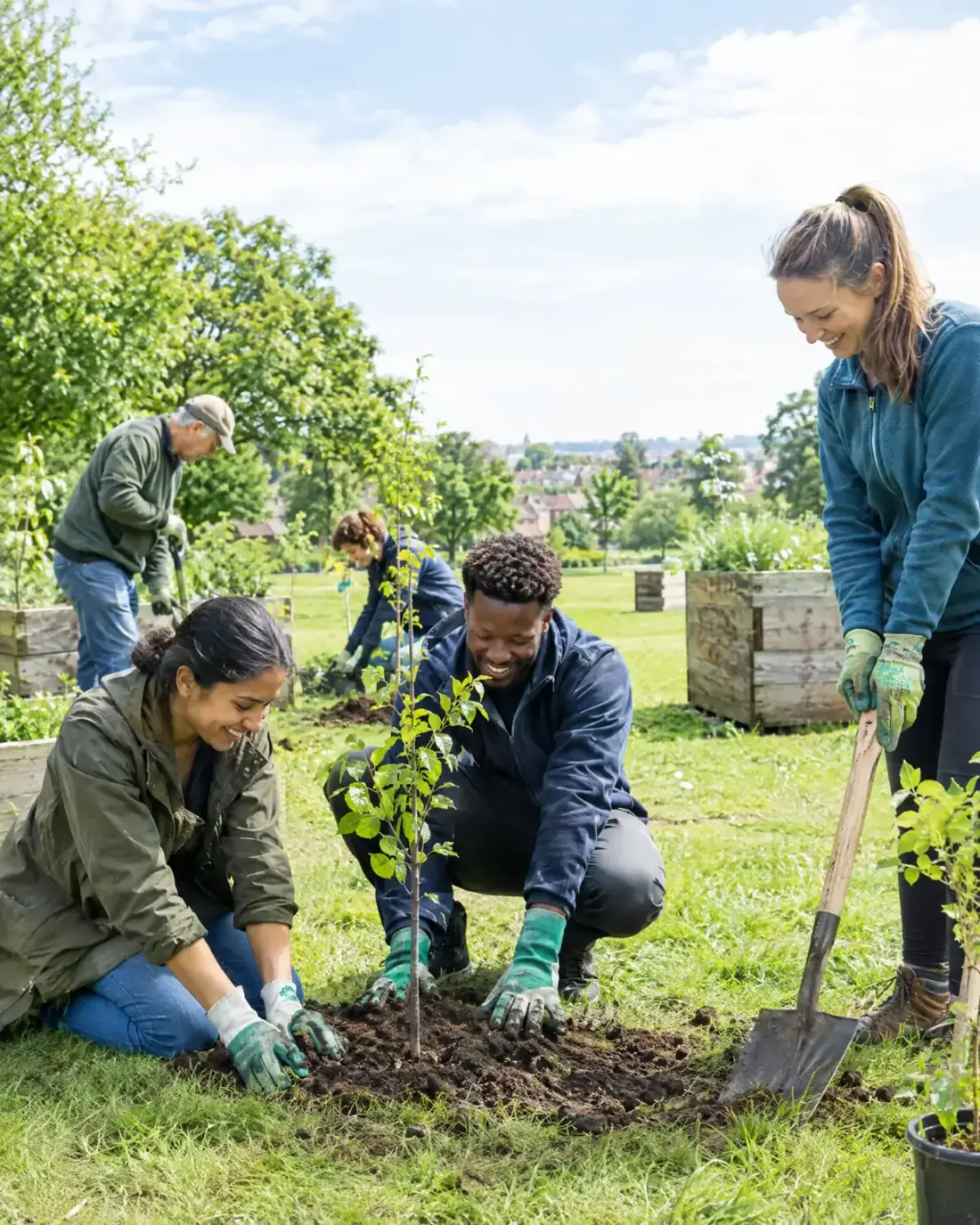 People planting a young tree outdoors