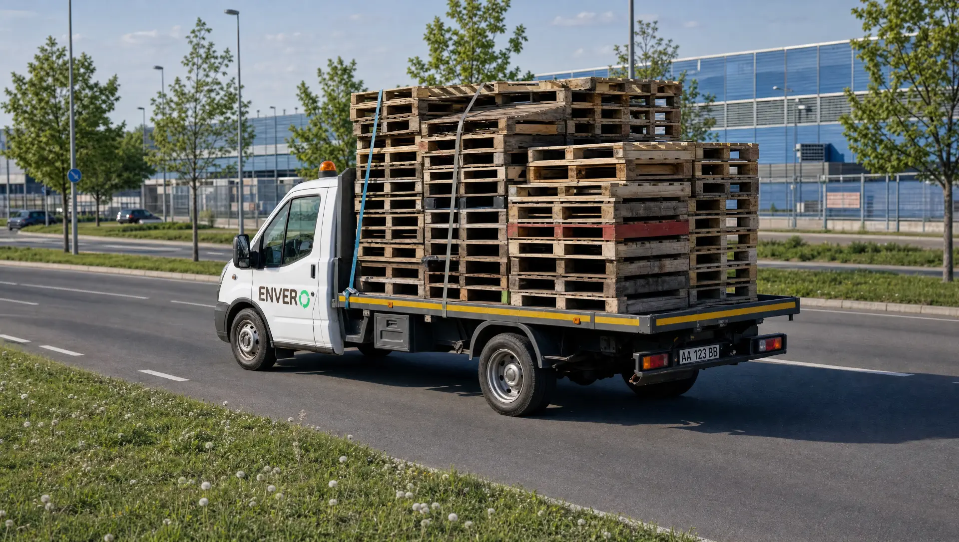 Flatbed truck loaded with stacked wooden pallets on a road