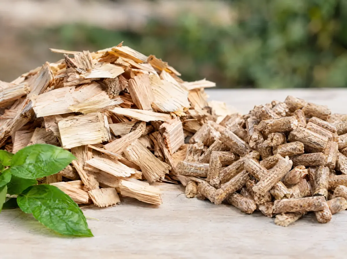 Pile of wood chips beside biomass pellets